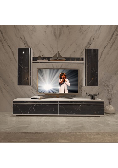 Decoraktiv Eko 5d Mdf Std Tv Ünitesi Tv Sehpası Beyaz - Siyah Mermer