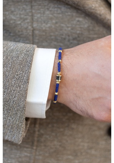 Uşaklıhafız 14 Ayar Altın Mavi Ipli Dorikalı Erkek Bilekliği Sarı Altın