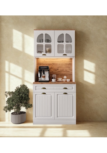 Retro Mini 93 Cm Kahve Köşesi & Çok Amaçlı Mutfak Dolabı Ceviz - Beyaz
