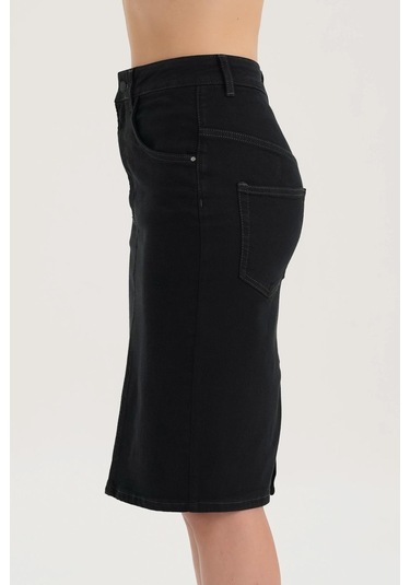 Cross Jeans  C 4990-005 Yüksek Bel Patı Fermuarlı Yırtmaçlı Esnek Kadın Jean Etek Siyah