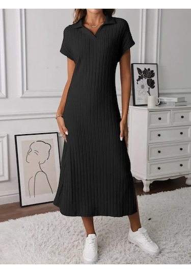 Kadın Kısa Kollu Yakalı Yandan Yırtmaçlı Kalın Fitilli Kaşkorse Elbise Siyah