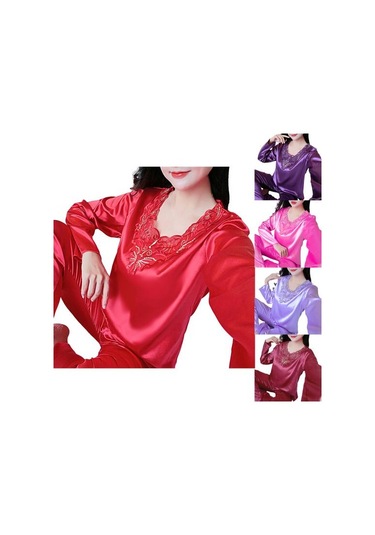 Kırmızı 2 Adet/takım Rahat Bahar Gecelik Seti V Yaka Uyku Dantel Artı Boyutu Kadın Gecelik Yatak Odası İçin Set Kırmızı