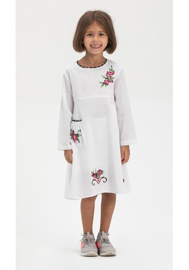 Uzun Kol Şile Bezi Burçak Çocuk Elbise Beyaz Byz