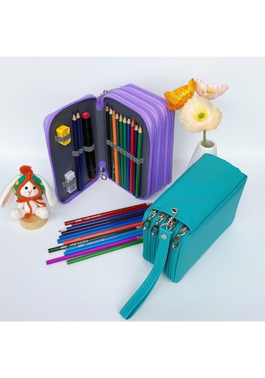 Tuomeng Öğrenci Büyük Kapasiteli Düz Renk Sanat Resim Kalem Kutusu Pu Kalem Çanta 72 Delik Mor