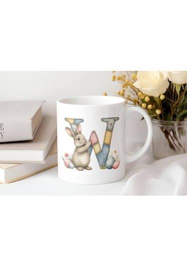 W Harfli Tavşan Kupa - Patchwork / Yamalı Desenli İsme Özel Kupa - Pastel Vintage Tarz Hediyelik 07 Beyaz
