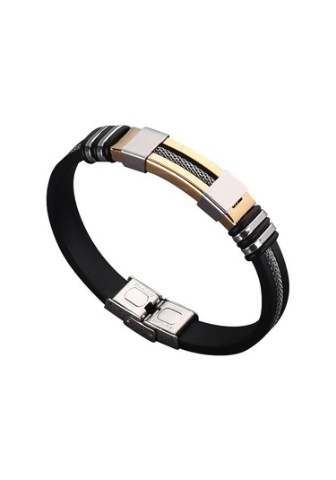 Siyah Moda Paslanmaz Çelik Bilezikler Bilek Bandı Siyah Silikon Punk Bileklik Rahat Bilezik Siyah