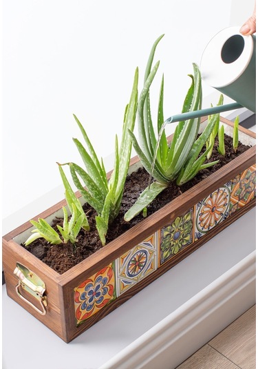 Halohope El Yapımı 5 Meksika Çinili Dekoratif Modern Ahşap Dikdörtgen Kaliteli Bahçe Balkon Saksı Saksılık