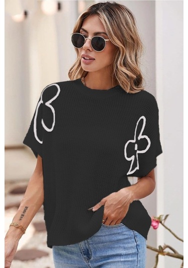 Kadın Çiçek Detaylı Triko Bluz Siyah