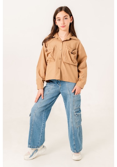 Kız Çocuk Körük Cepli Gömlek 3155 Bej