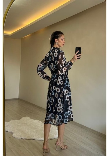 Neşeli Butik Kadın Desenli Gömlek Yaka Midi Elbise Nm011 Mint Yeşili