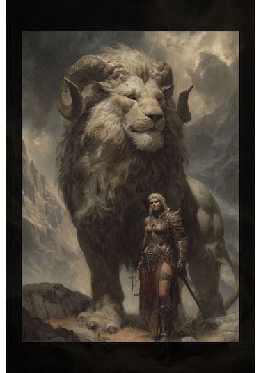 Boynuzlu Dev Aslan Ve Sahibi Kanvas Tablo