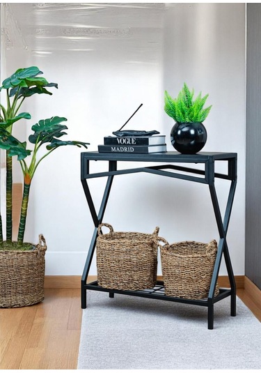 Metal Dresuar Siyah Ahşap Raflı Stand Çok Amaçlı Salon & Hol Rafı Siyah