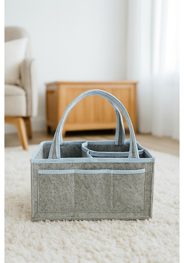 Anne Bebek Kalın Keçe Bakım Çantası Yenidoğan Için Organizer Düzenleyici Çok Amaçlı Gri Mavi Overlok Detay