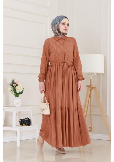 Gömlek Yaka Beli Tünelli Sare Elbise-kiremit-5070 Kiremit