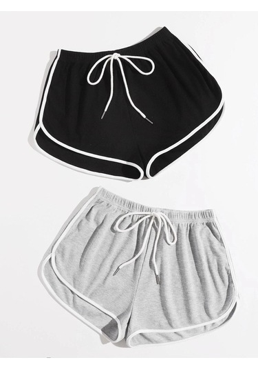 Siyah-gri 2'li Yırtmaçlı Şeritli Bermuda Penye Şort - Penye Kordonlu Siyah-gri