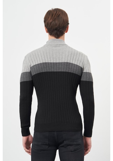 Siyah Uzun Kol Kendinden Desenli Örme Yarım Balıkçı Yaka Classic Slim Fit Triko 1012245154 Siyah