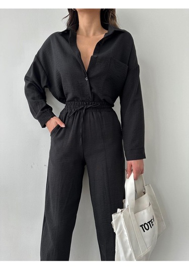 Kadın Oversize Keten Gömlek Pantolon Alt Üst Takım Siyah