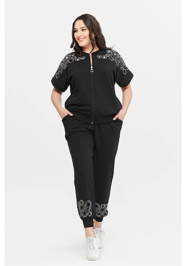 Omuz Ve Paça Lazer Kesimli Takım Siyah