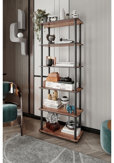 Dekoratif Masivo Kitaplık 6 Katlı 30x60 Dikdörtgen Çok Amaçlı Raf Madran Ceviz Ceviz