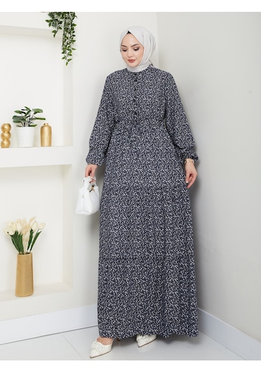 Düğme Detaylı Çiçekli Viskon Elbise - Lacivert / E0123 Lacivert