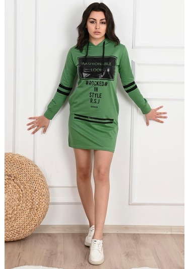 Kadın Kapüşonlu Baskılı Sweat Elbise 7004 001
