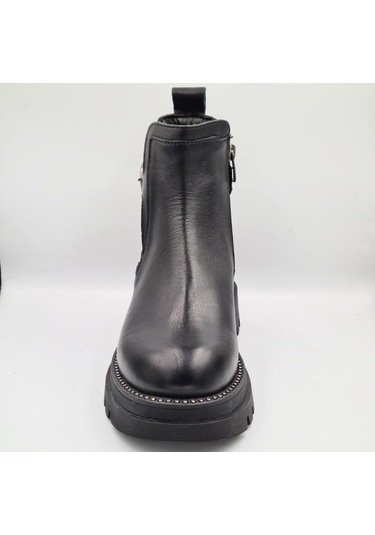 Mammamia D25kb-4185 Siyah Hakiki Deri Kalın Topuklu 5cm Fermuarlı Kadın Bot Siyah
