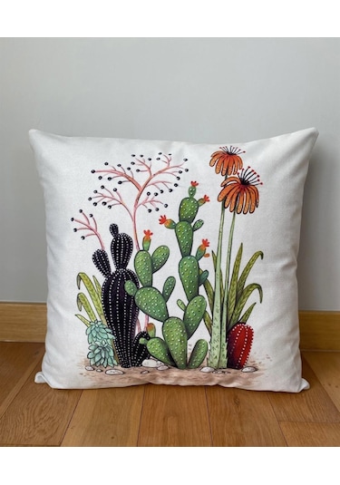 Çift Taraflı Kaktüs Desenli Dekoratif Minder Kılıfı 60 x 60 cm