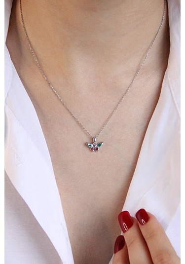 925 Ayar Gümüş Kalpli Kelebek Kolye - 23173001 Gümüş