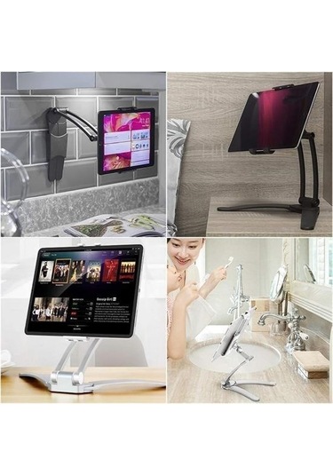 Hobibahçem 360 Derece Dönebilen Mutfak Masaüstü Telefon Tablet Tutucu Ayarlanabilir Esnek Ayaklı Metal Siyah