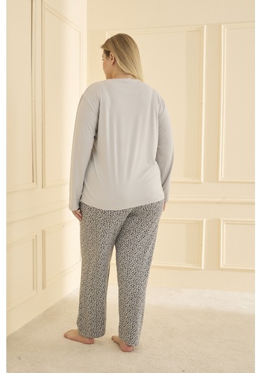 Mihra Kadın Pijama Takımı Büyük Beden & Battal Uzun Kol Gri