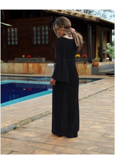 Bohem Uzun Kollu Sarong Oymalı Plaj Elbisesi Siyah