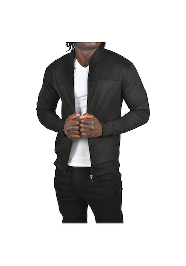 Deepsea Erkek Siyah Dar Kesim Likralı Fermuarlı Süet Kumaş Ceket İnce Mont 2504334 Siyah
