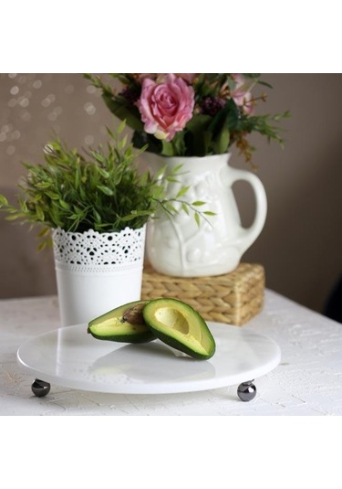 Akayev Mermer Beyaz 30 Cm Füme Boncuk Ayaklı Yuvarlak Sunumluk