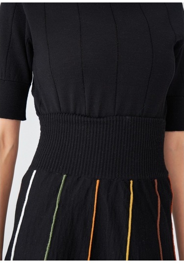 Peraluna Çizgili Yüksek Bel Bol Kesim Diz Altı Kadın Triko Etek S Siyah