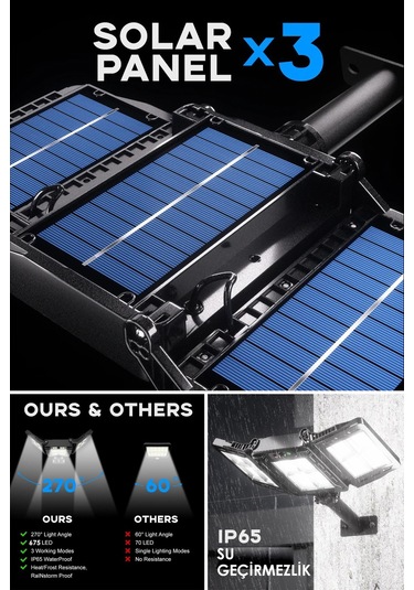 Technosmart 675ledli Solar Bahçe Aydınlatması Projektör Sokak Lambası Hareket Sensörlü Güneş Enerji