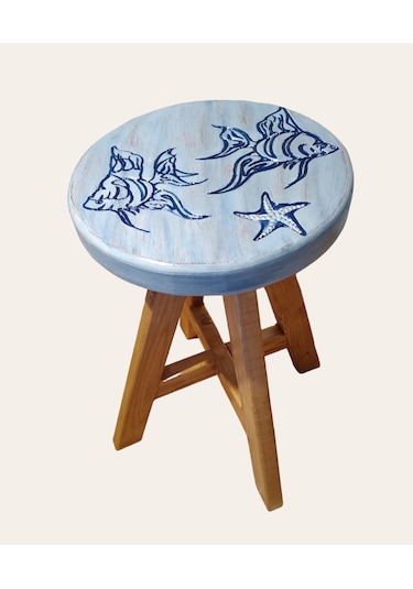 Sea Stoll Tamamı Ahşap El Yapımı Deniz Temalı Tabure