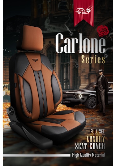 Panda Carlone Serisi Ful Deri Oto Koltuk Kılıfı - Tam Set Taba - Siyah