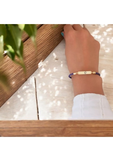 Archin Joker Temalı 14 Ayar Altın Plakalı Dikdörtgen Motifli Mor Derili Hediye Bileklik-412sembol Joker