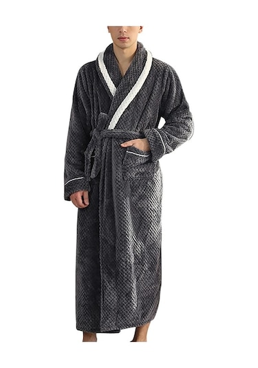 Flybuy Bayan Sabahlık Flanel Cepli Bornoz Kadın Erkek Kış Gecelik Uzun Kollu Sıcak Bornoz Gri