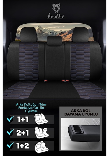 Siyah - Mavi Butti Libro Serisi Keten Kumaş Premium Oto Koltuk Kılıfı Destekli, Ön Arka Tam Set