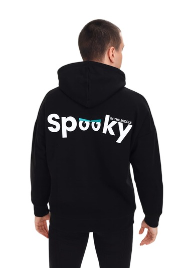 Erkek Çocuk Önü Arkası Spooky Yazı Desenli Kapüşonlu Siyah Renk Sweatshirt Siyah