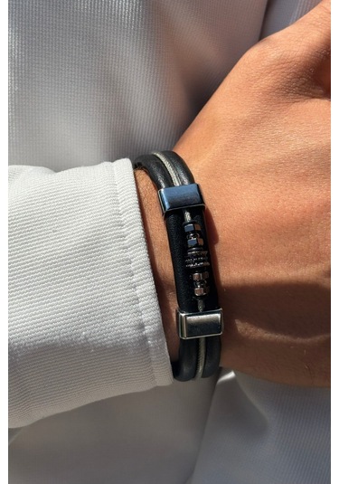 Zirkon Taşlı El İşçiliği İle Üretilmiş Hakiki Deri Erkek Bileklik Siyah