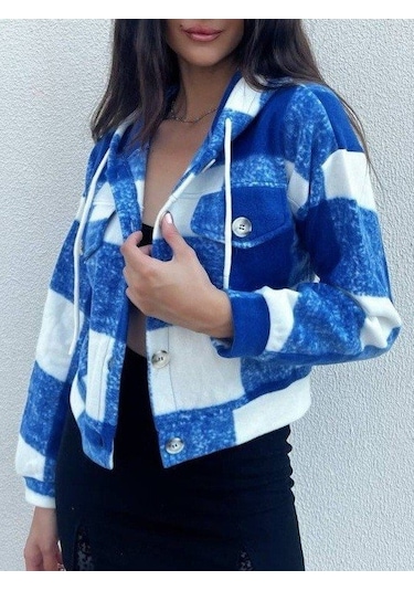 Kapşonlu Ekose Polar Crop Ceket -mavi Karışık