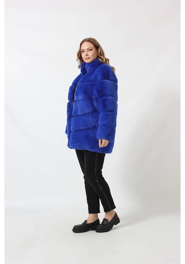 Moda Berray 3258 Kadın Fermuarlı Dık Yakalı Lüks Suni Kürk Kaban Saks