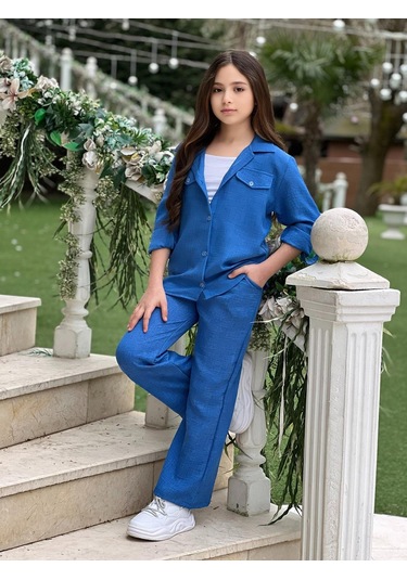 Modavals Kol Katlamalı Keten Gömlek Cepli Keten Alt & Suprem Askılı Badi 3lü Kız Çocuk Takım Saks