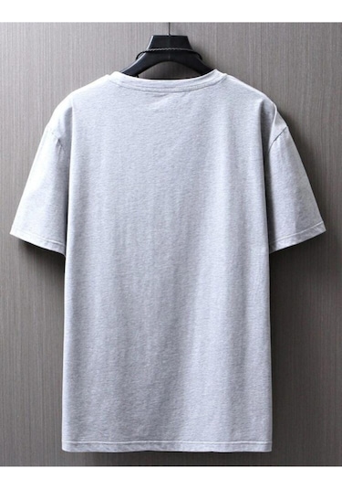 Erkek Gri Oversize Küçük Baskılı T-shirt Gri