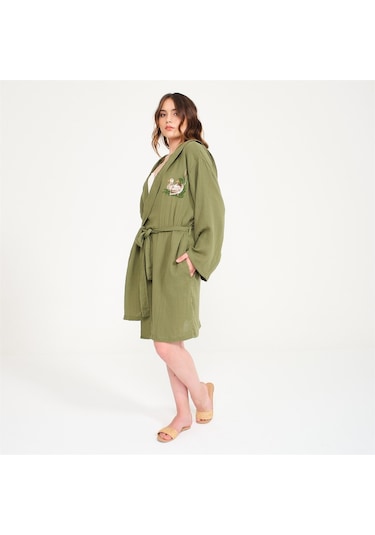 Ördek Nakışlı Kısa Kapüşonlu Müslin Kadın Bornoz-Yeşil