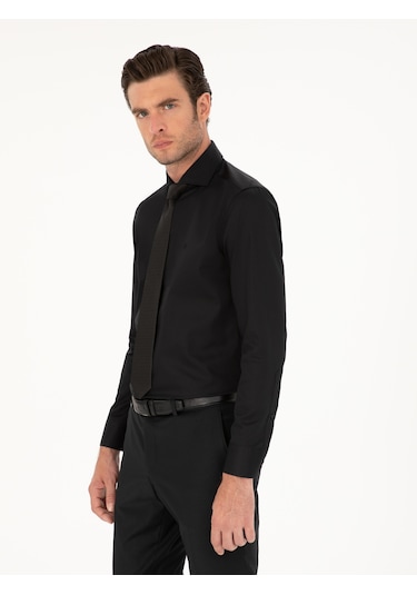 Cacharel Siyah Slim Fit Pamuk Klasik Gömlek