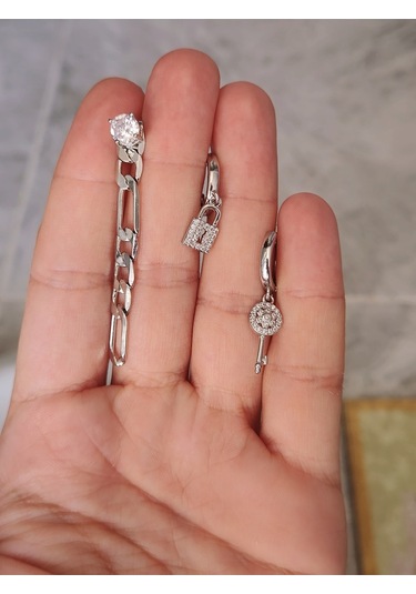 3'lü Gurmet Zincir - Anahtar -kilit Model Gümüş Renk Küpe Seti Gümüş