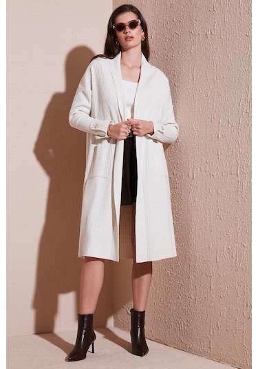 Lela % 100 Akrilik Triko Örme Uzun Bayan Hırka 4615212 Açık Taş
